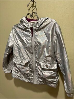 ✶ iridescent silver reflective Hooded Raincoat with Plum Lining ✶